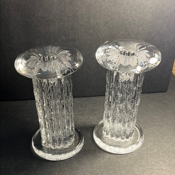 Kosta Boda Rurik Crystal Clear Textured Candle Holder Pair